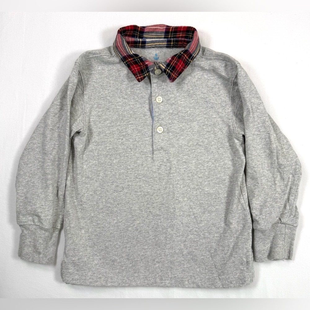 CREWCUTS Boys’ Grey Stewart Tartan Plaid Collar Long Sleeve Polo Shirt Size XXS